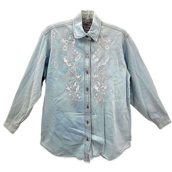 JouJou Vintage Denim Embroidered Long Sleeve‎ Vintage Oversized Button Up Shirt - Picture 1 of 16